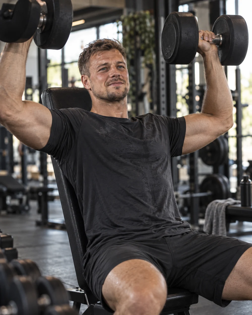 Danny tijdens een dumbbell oefening