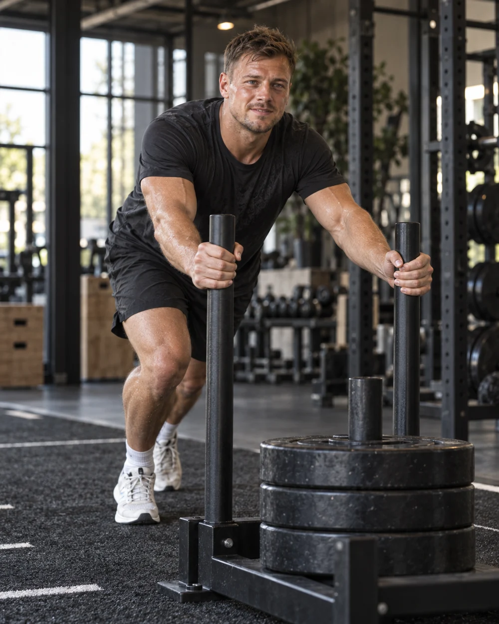 Danny tijdens een sled push training