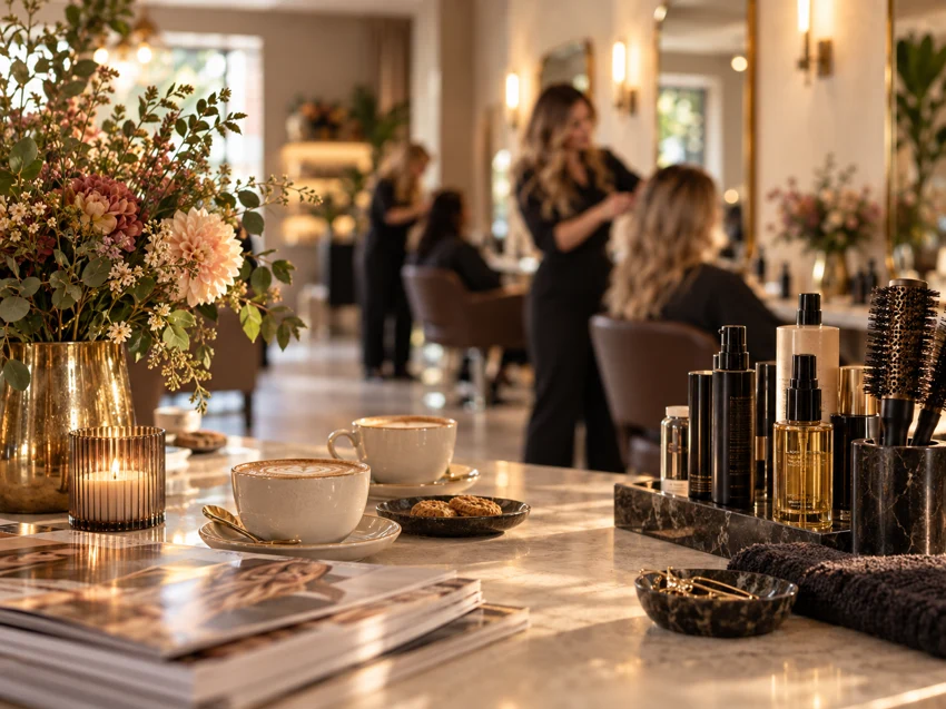 Sfeervol salondetail met koffie en bloemen