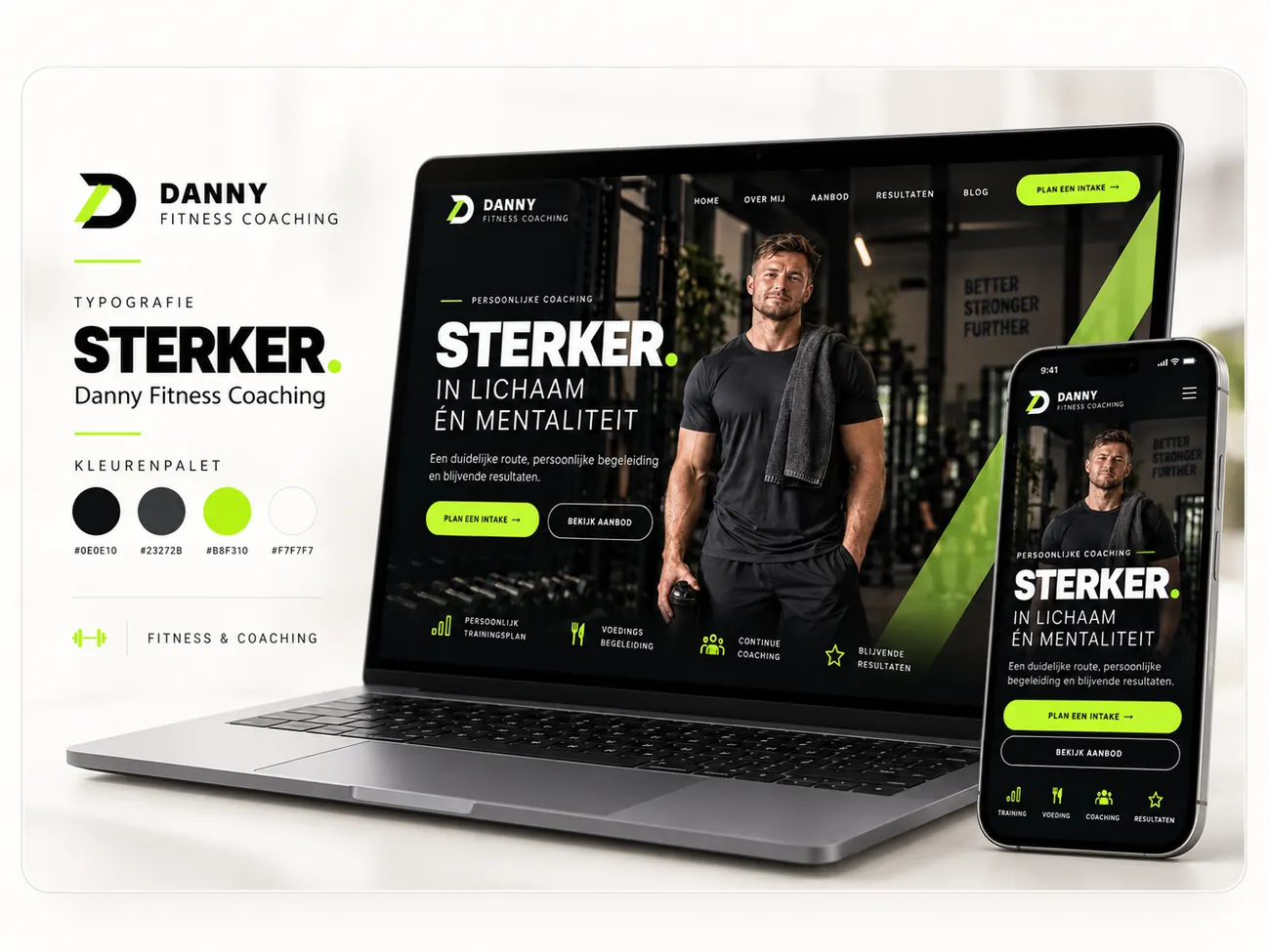 Brandpresentatie voor Danny Fitness Coaching met een website op laptop en mobiel, typografie en groen-zwart kleurenpalet.