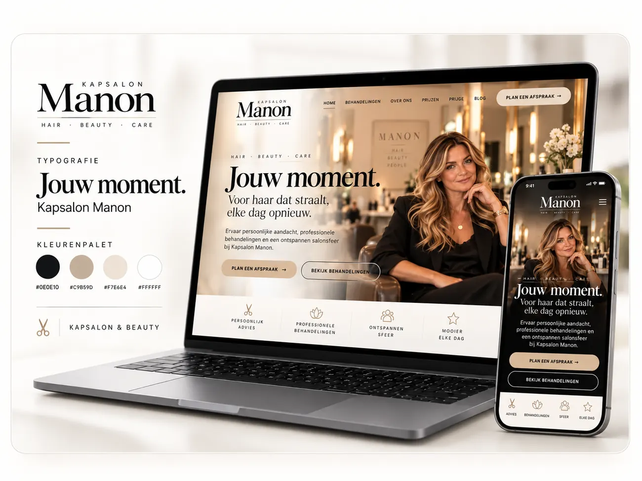 Brandpresentatie voor Kapsalon Manon met een website op laptop en mobiel, typografie en een warm beige kleurenpalet.
