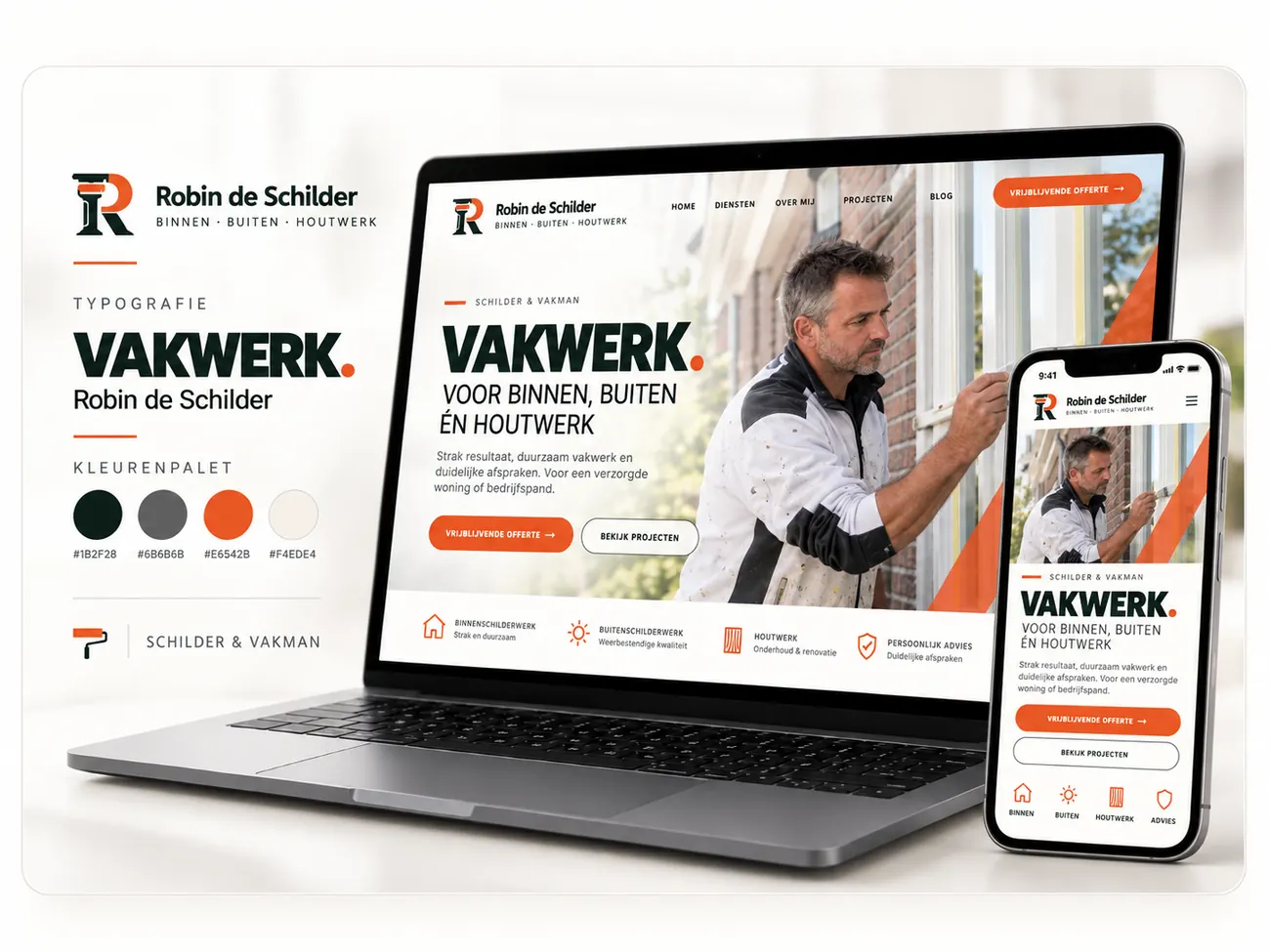 Brandpresentatie voor Robin de Schilder met een website op laptop en mobiel, typografie en een groen-oranje kleurenpalet.