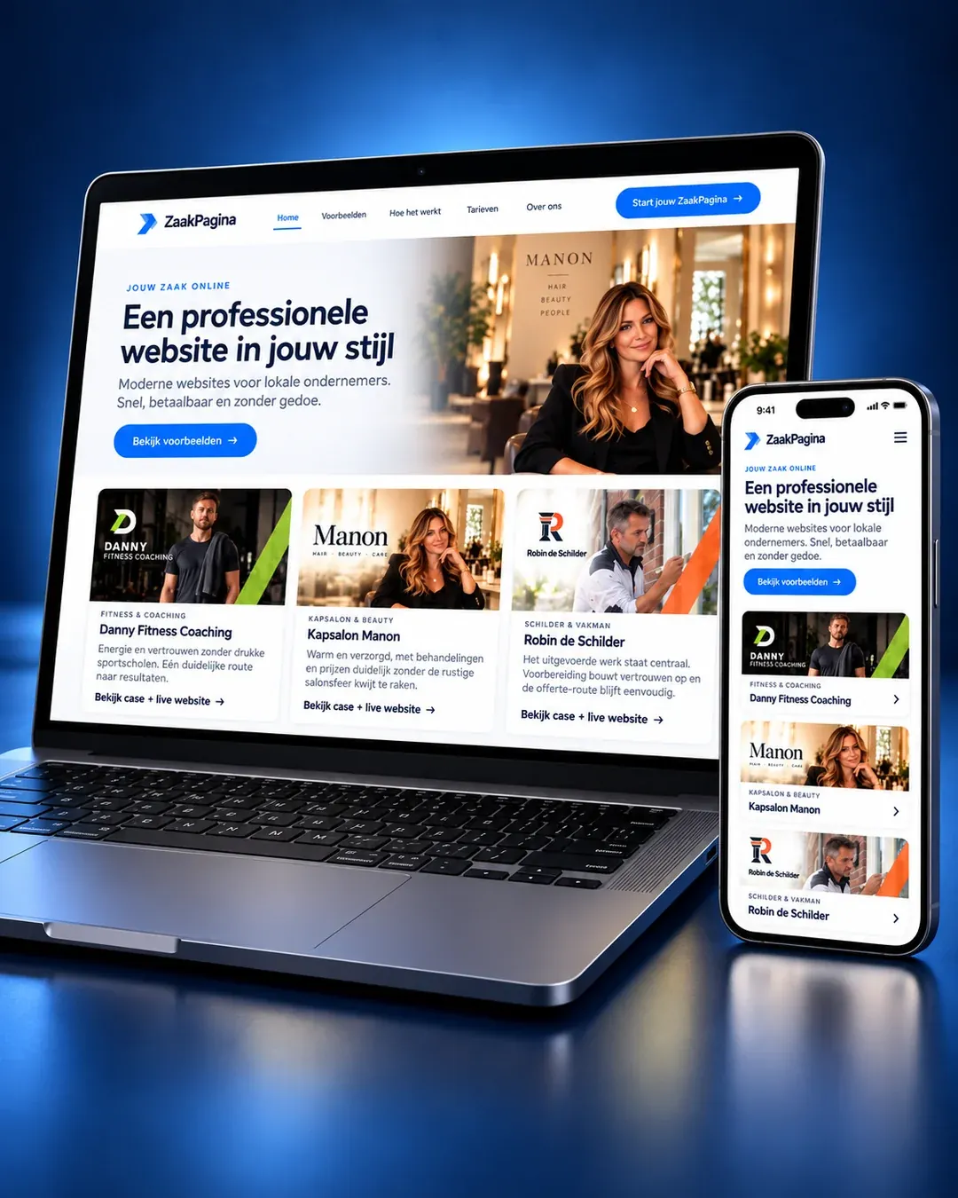 Laptop en smartphone met ZaakPagina-voorbeeldwebsites voor fitness, kapsalon en schilderwerk
