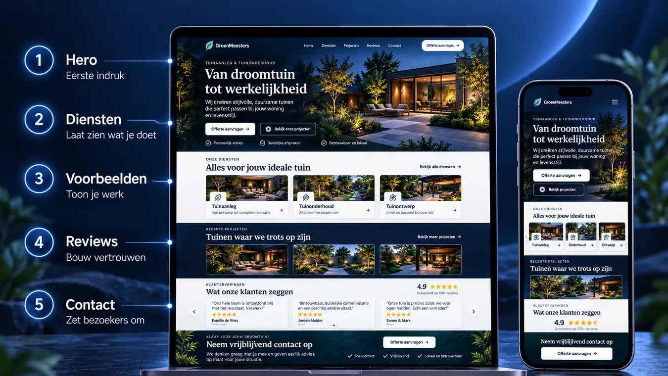 Websiteconcept GroenMeesters: een bedrijfswebsite op laptop en telefoon met hero, diensten, projecten, beoordelingen en contact.